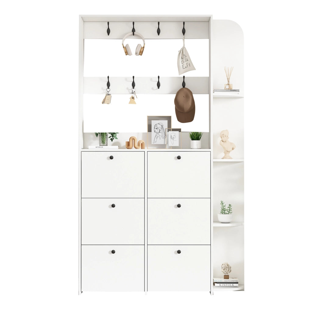 Garderoba da ingresso salvaspazio 120 x 24 x 200 cm con 8 ganci, 6 scarpiere a ribalta e 4 ripiani laterali, bianco