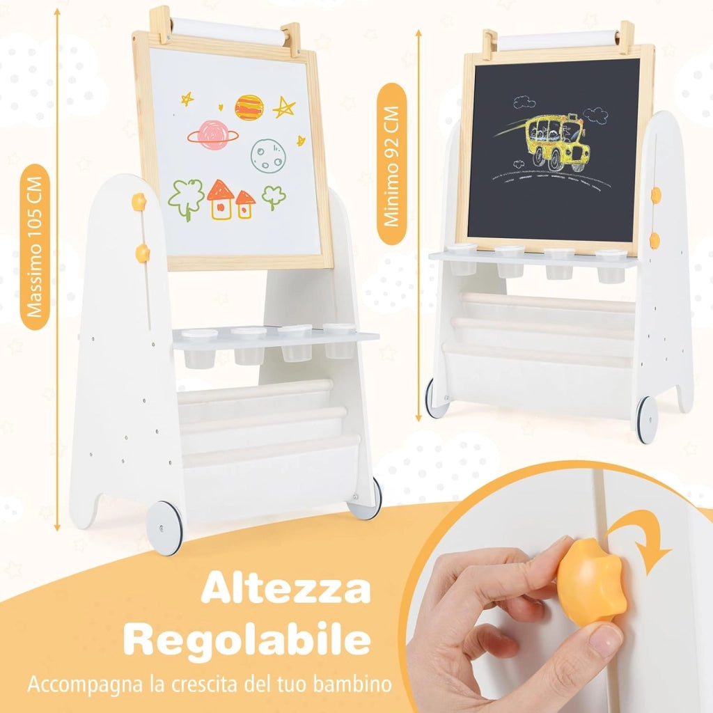 Cavalletto Lavagna per Bambini con Sgabello e Tavolo 4 in 1, Lavagna Magnetica Regolabile in Altezza con Rotolo di Carta e 4 Tazze di Vernice, Cavalletto a Ruote con Gessi e Cancellino