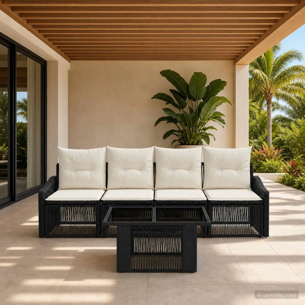 Set Divano da Giardino 5 pz Nero e Bianco Crema polyrattan 3437200