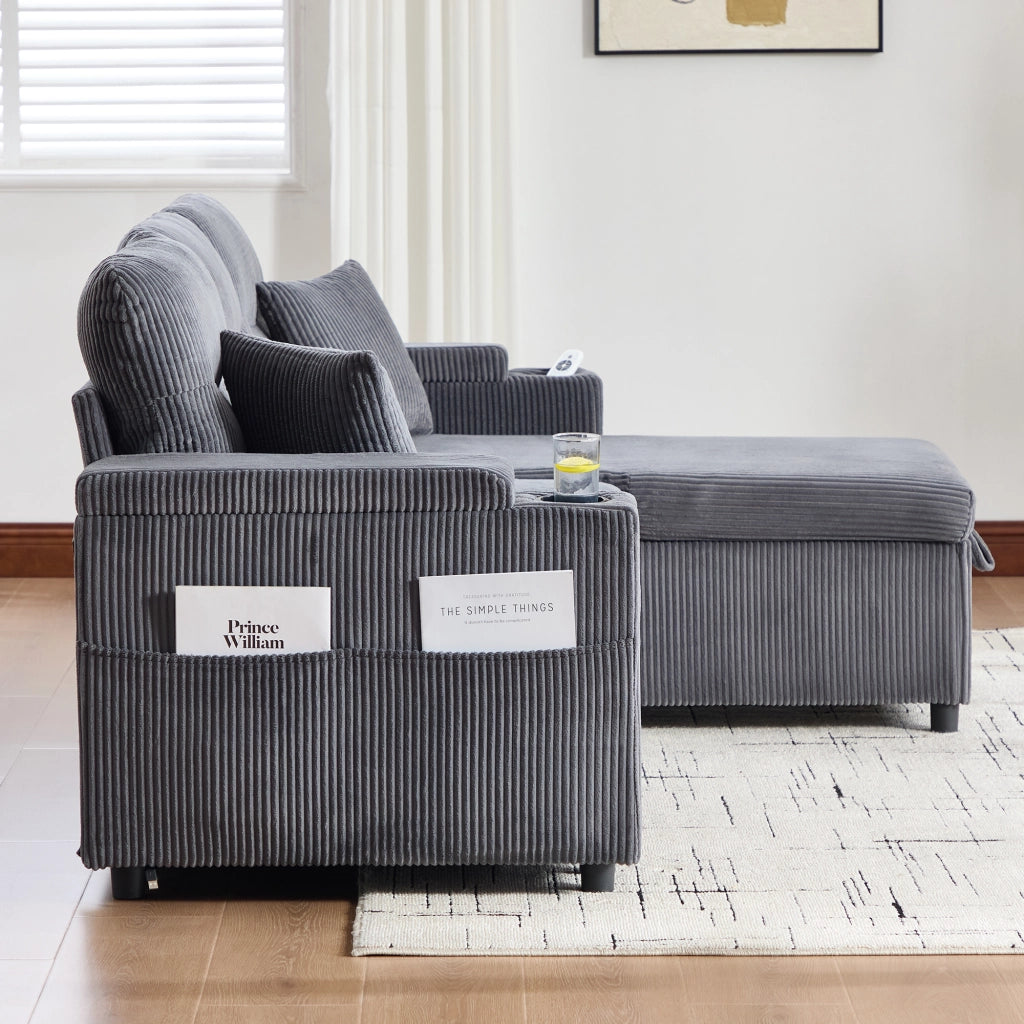 Divano letto 3 posti in velluto a coste grigio con chaise longue contenitore, USB-C e portabicchieri