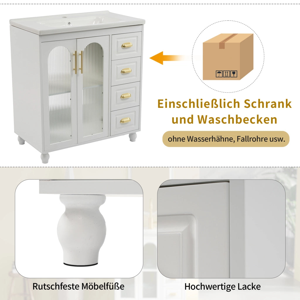 Mobile bagno con lavabo in porcellana lucida; 80 cm; MDF bianco con ante e cassetti