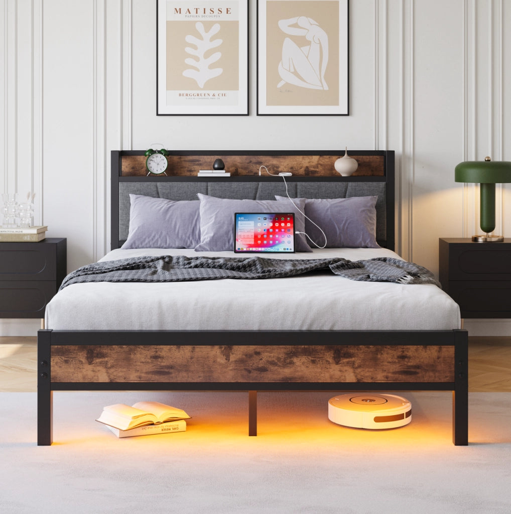 Letto 140x200 cm con LED, USB, presa e testiera contenitore