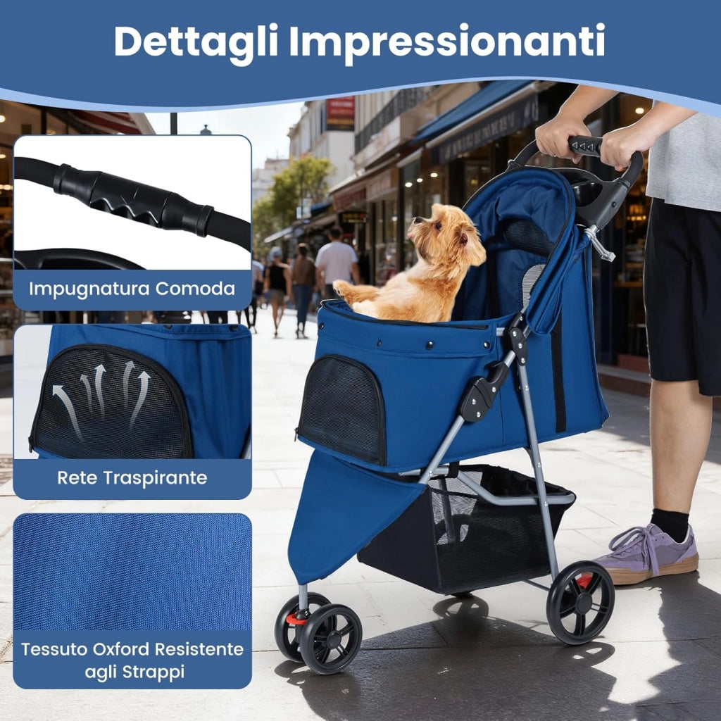 2 in 1 Passeggino per Cani, Carrozzina per Cani Pieghevole Facile con Portata Massima di 15 kg, 4 Ruote, Tetto Regolabile, Cuscino Rimovibile e Cestino Portaoggetti (Blu)