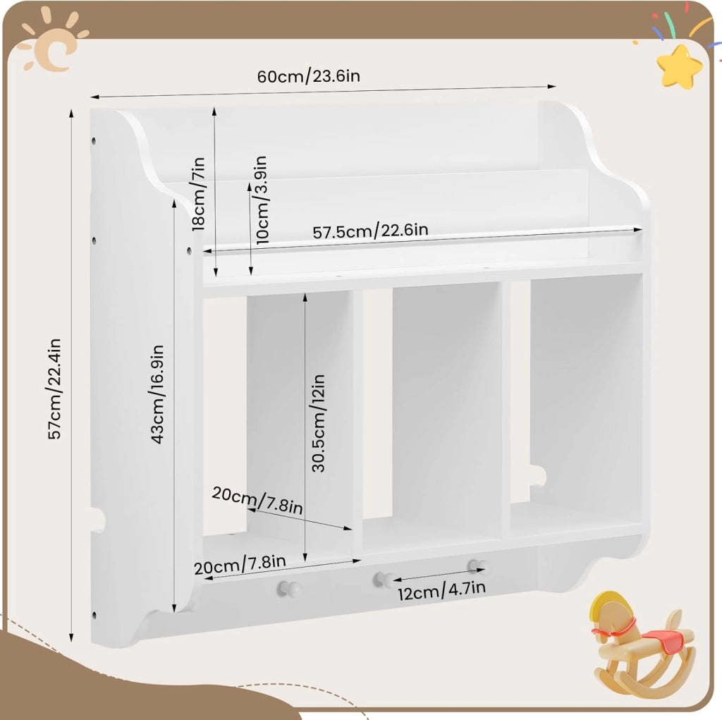 Scaffale per Bambini, Scaffale a Muro per Libri, Scaffale a Muro per Libri, Unità di Archiviazione con 3 Cubi Aperti, 4 Pomelli per Appendere, Mobili per Asilo Nido, Bianco
