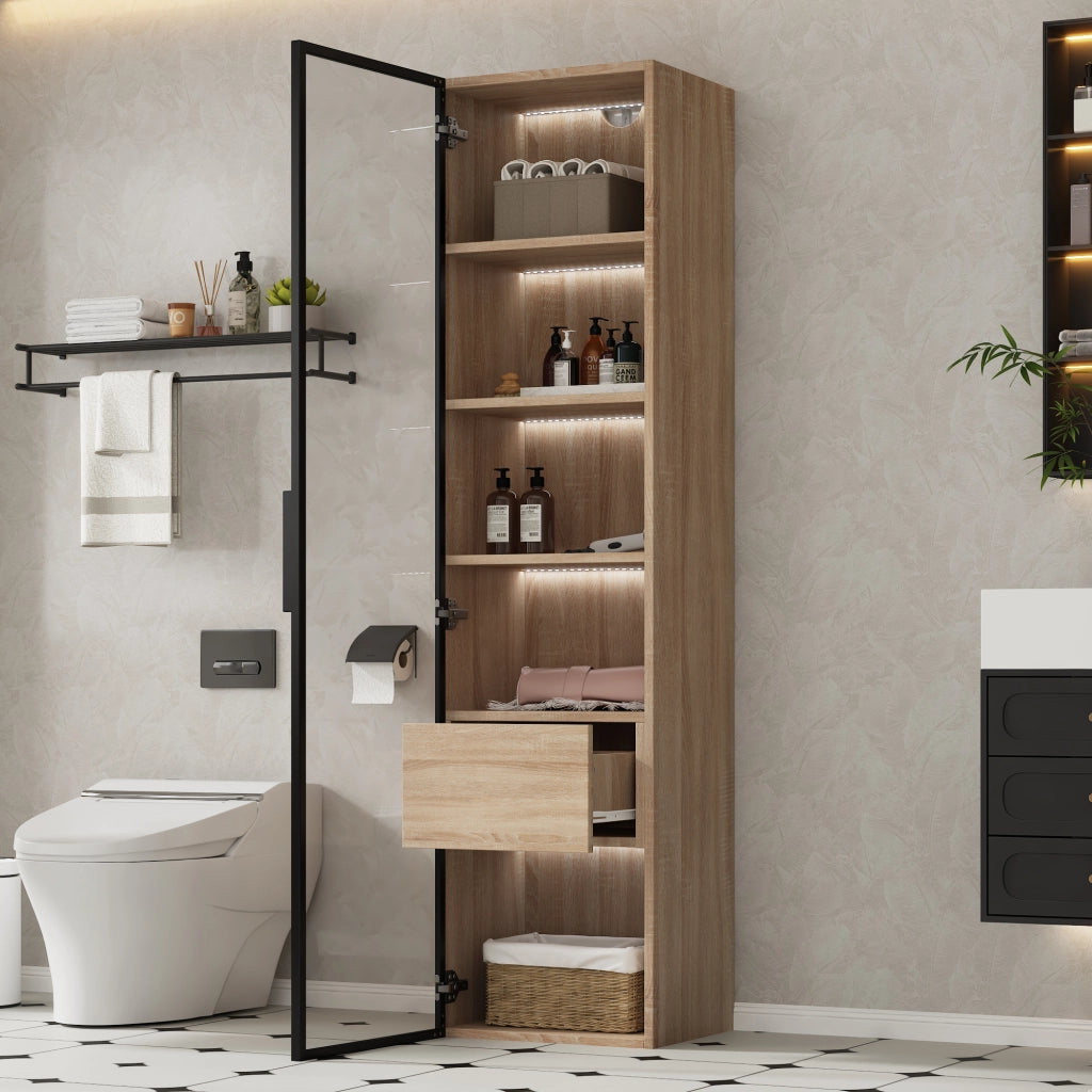 ARMADIO DA BAGNO con 1 cassetto e 1 anta in vetro temperato, MDF naturale