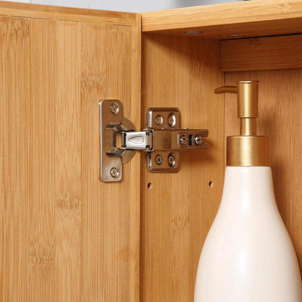 Armadio Specchio da Bagno in Bambù Naturale con Doppia Anta e 3 Ripiani 65x14x50 cm