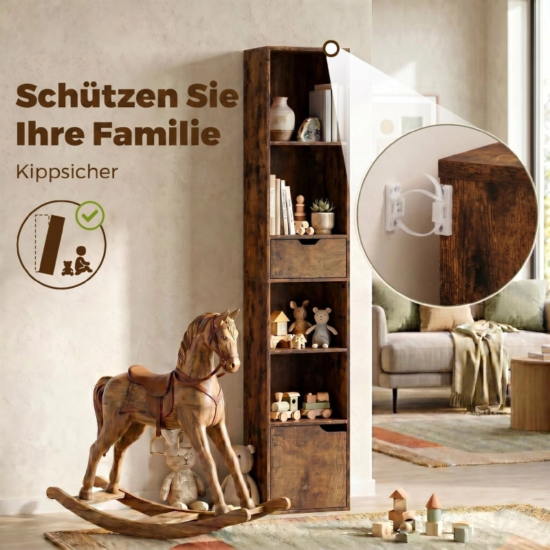 LIBRERIA A 4 SCOMPARTI CON CASSETTO E SPORTELLO 30x24 cm LEGNO MARRONE RUSTICO