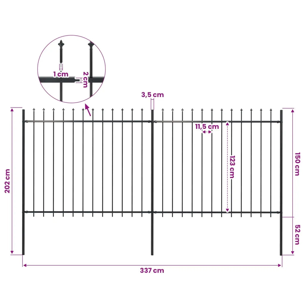 Recinzione da Giardino con Punta a Lancia in Acciaio 337x150 cm Nero 277630