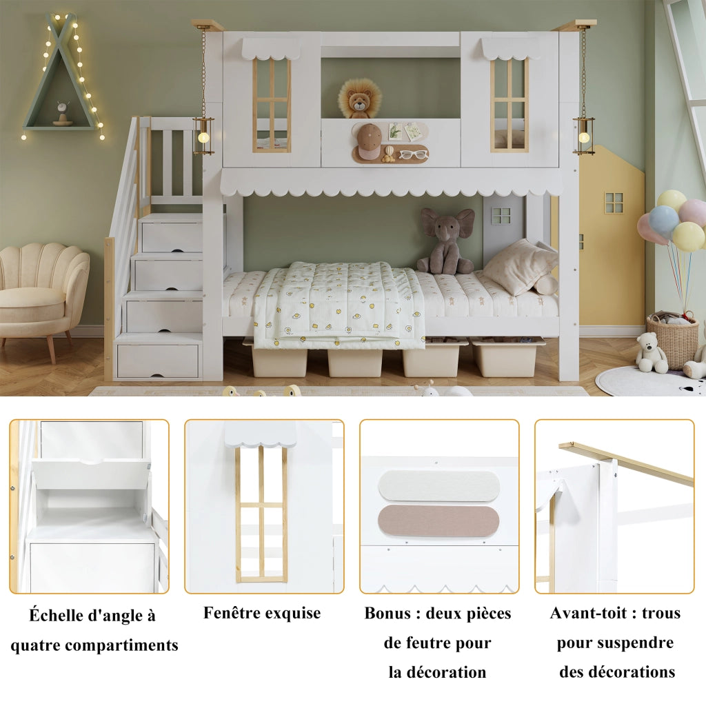 DESMIU Letto a castello per bambini 90 × 200 cm con scala contenitore, finestre decorative e senza materasso