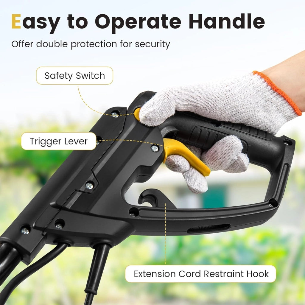 Motozappa Elettrica a Filo, Zappatrice da Giardino con Manico Ergonomico e Motore Forte, Motocoltivatore Pieghevole per Scavare Terreno del Prato (32,5 x 24 x 138 cm,Giallo)