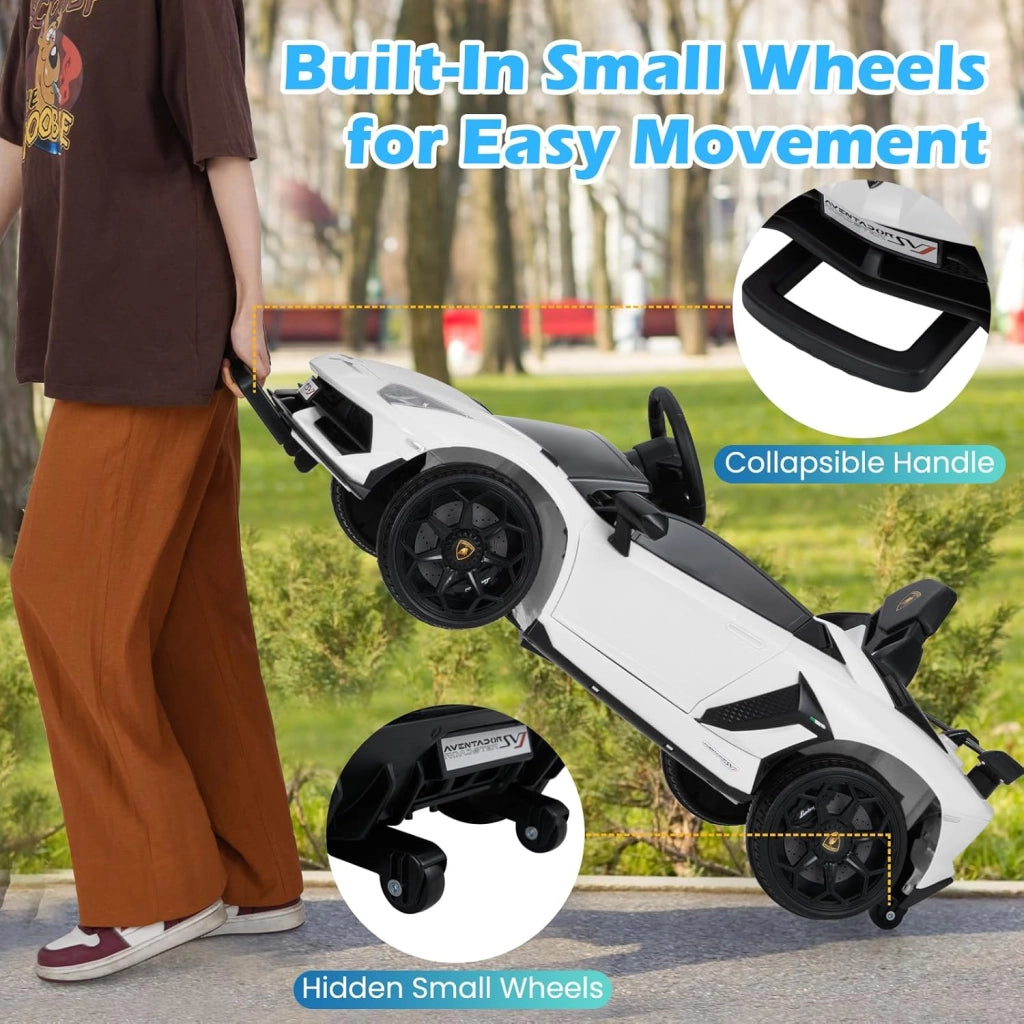 Macchina Elettrica per Bambini Lamborghini SVJ 12V con Telecomando, Auto Elettrico a Pedale e Luci LED, Veicoli con Musica, MP3, Clacson e USB, Carico 30 kg, 3-8 Anni (Bianco)
