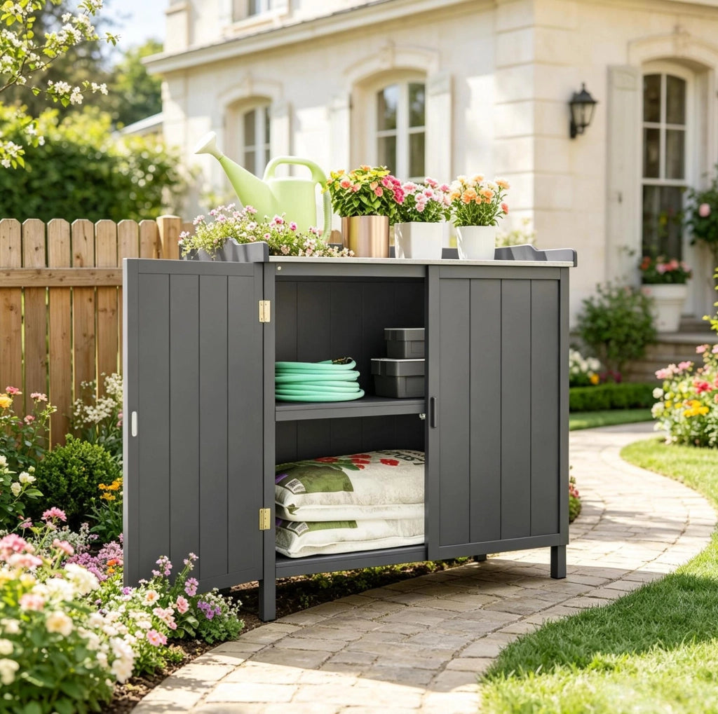 Armadio da giardino 2 in 1 in legno di abete e metallo zincato; grigio; 98x48x95;5 cm