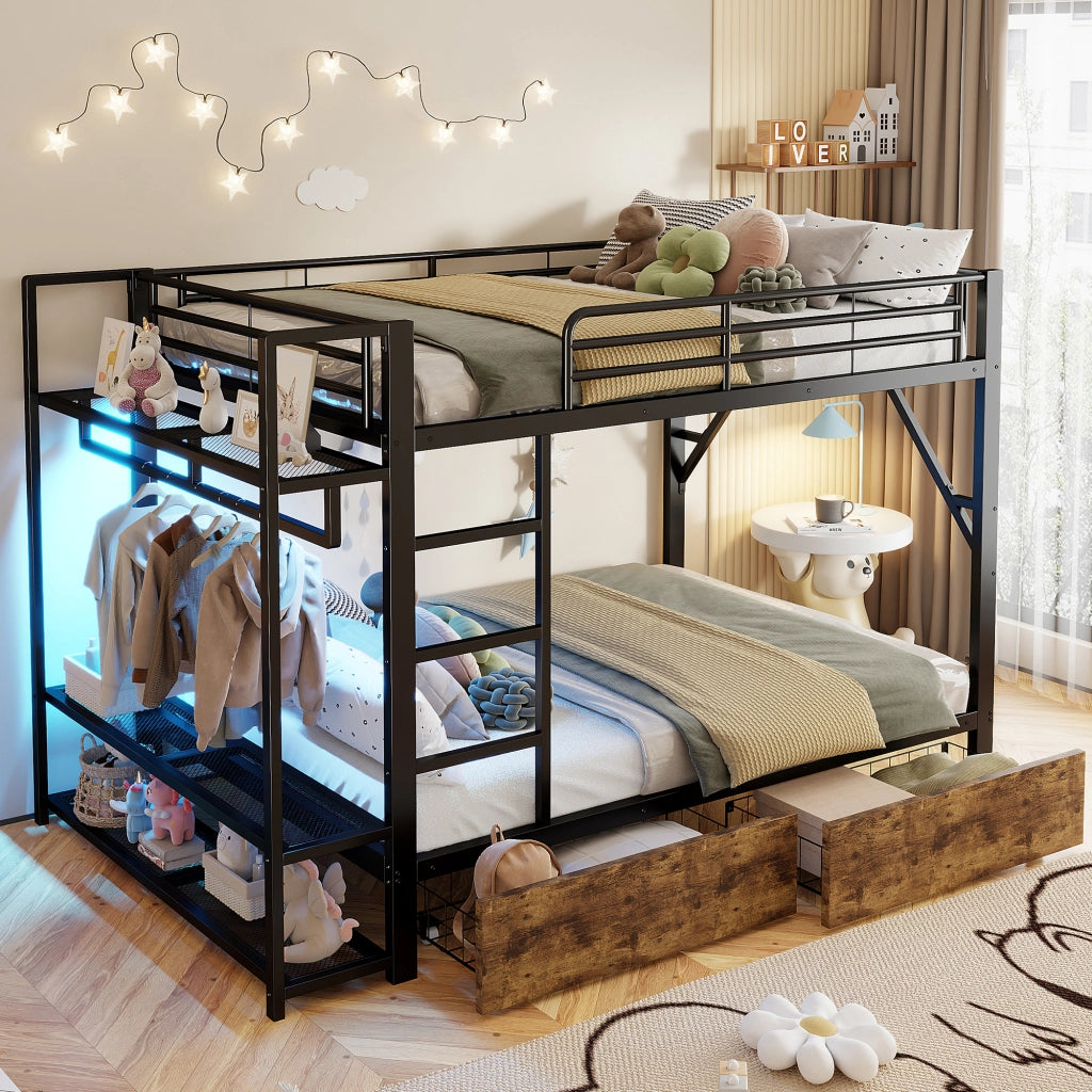 OKWISH Letto a Castello 140×200 cm, Letto Matrimoniale con 2 Cassetti, Mensole, LED Regolabile e Barra Appendiabiti, senza Materasso, Nero