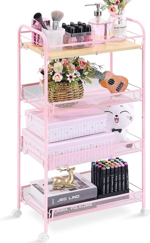 Carrello da Cucina, 4 Livelli, Carrello da Cucina con Rotaie, Carrello da Servizio, Carrello di Utilità, Carrello da Cucina in Legno e Metallo, Piano da Cucina Spazievitore per Cucina e Bagno, colore Rosa