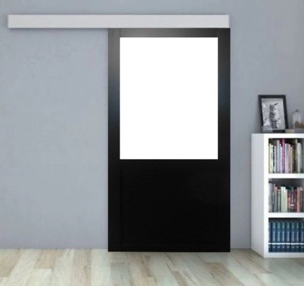 Porta scorrevole nera per officina in vetro H204 x L83 senza montante + binario in alluminio