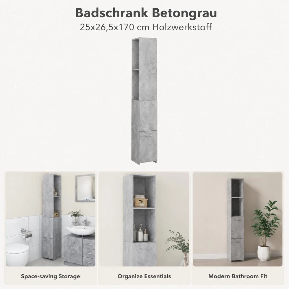 Bathroom Cabinet, Concrete Grey, 25x26.5x170 Cm, Wood-based Material