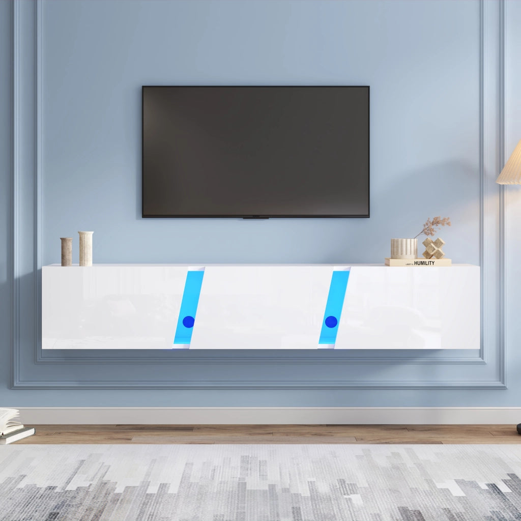 Mobile TV da Parete con 3 Ante a Ribalta e LED; Bianco Lucido; Stile Moderno; in Pannello Truciolare; 180×35×30 cm