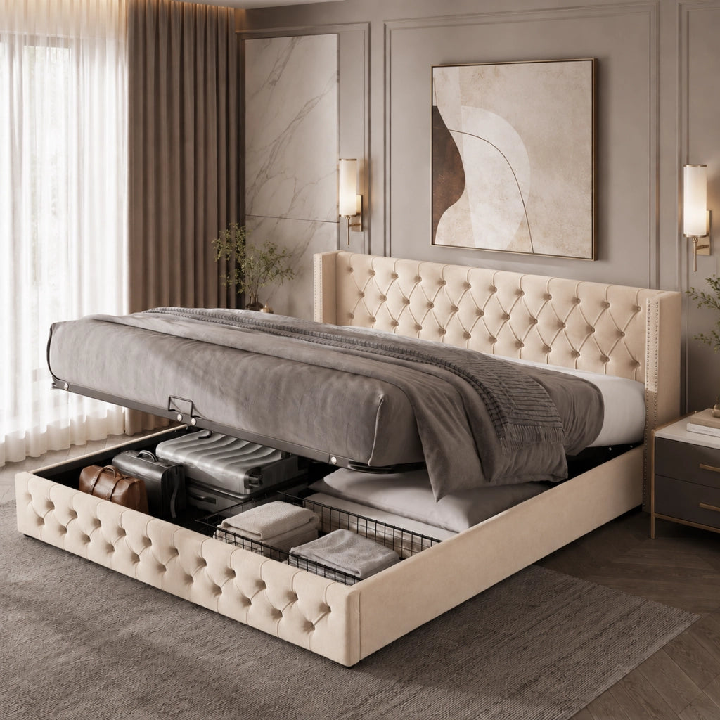 letto imbottito velluto beige 160 x 200 cm