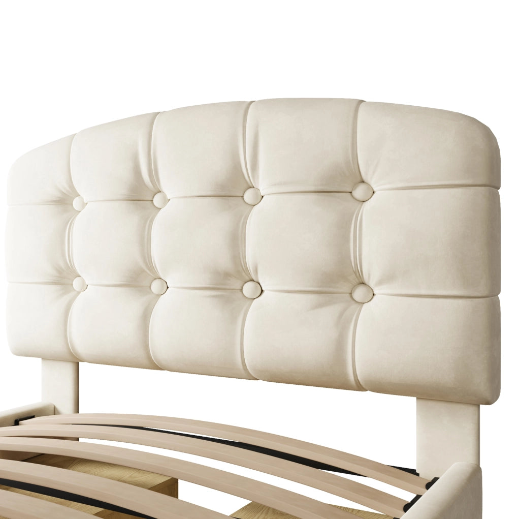 Letto singolo 90x200 cm con testiera regolabile; cassetti e vani; velluto beige