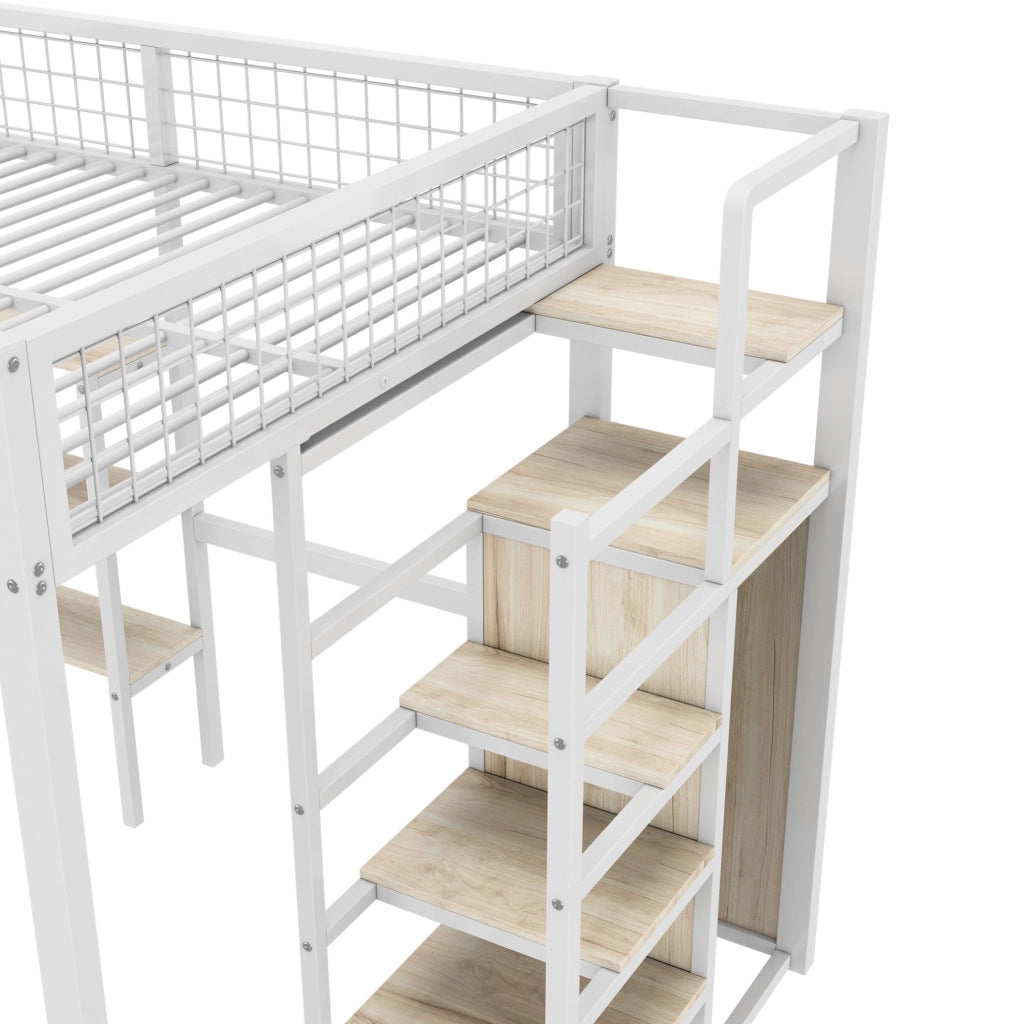 Letto a soppalco ULEVR 140x200 cm con scrivania, armadio e ripiani, struttura in metallo e MDF, bianco