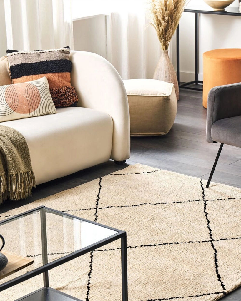 Tappeto tappetino Moquette Poliestere Beige e Nero a pelo lungo motivo geometrico a rombi 200 x 200 cm