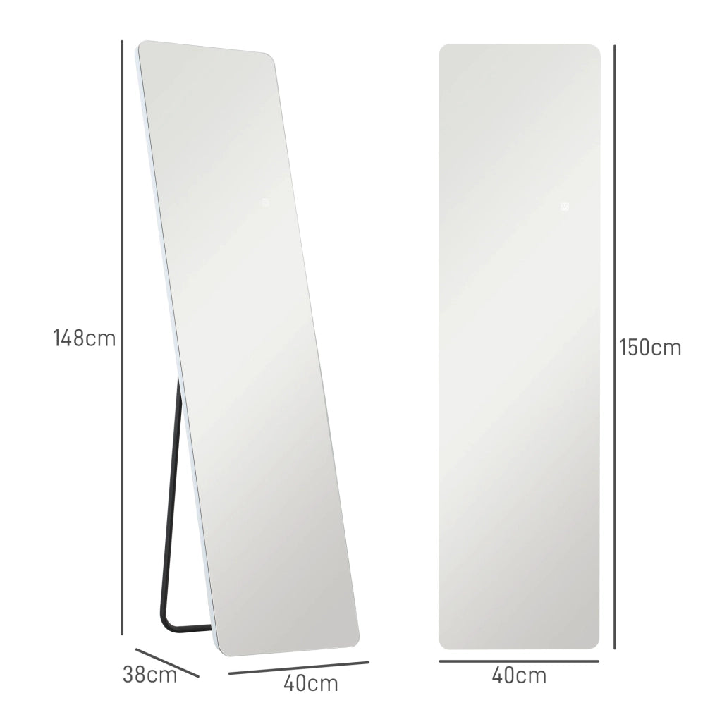 Specchio a figura intera, 150 x 40 cm, specchio da terra con illuminazione a LED, 3 colori di luce, specchio da parete con supporto, interruttore