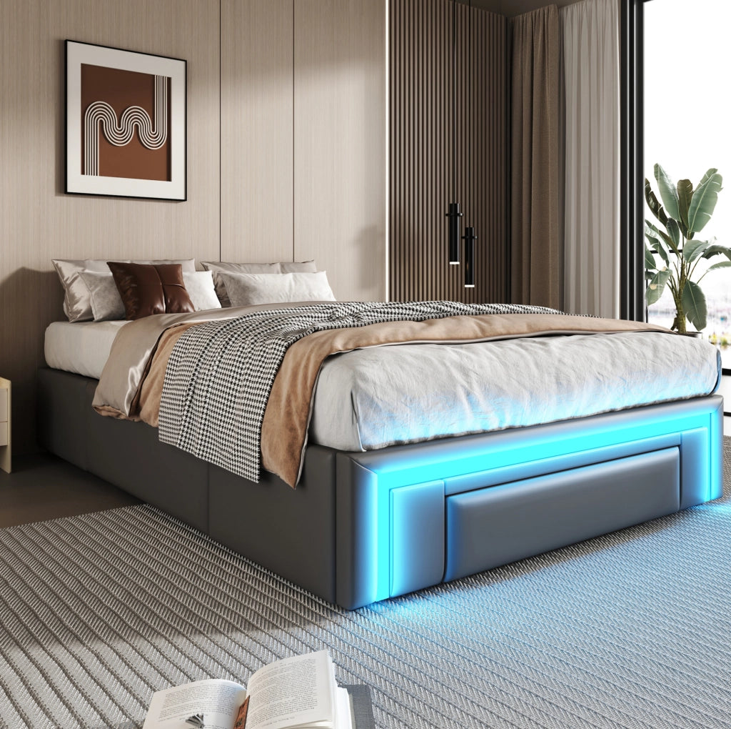 Letto singolo 90x200 cm in PU pelle grigia con cassetti e LED; struttura in metallo