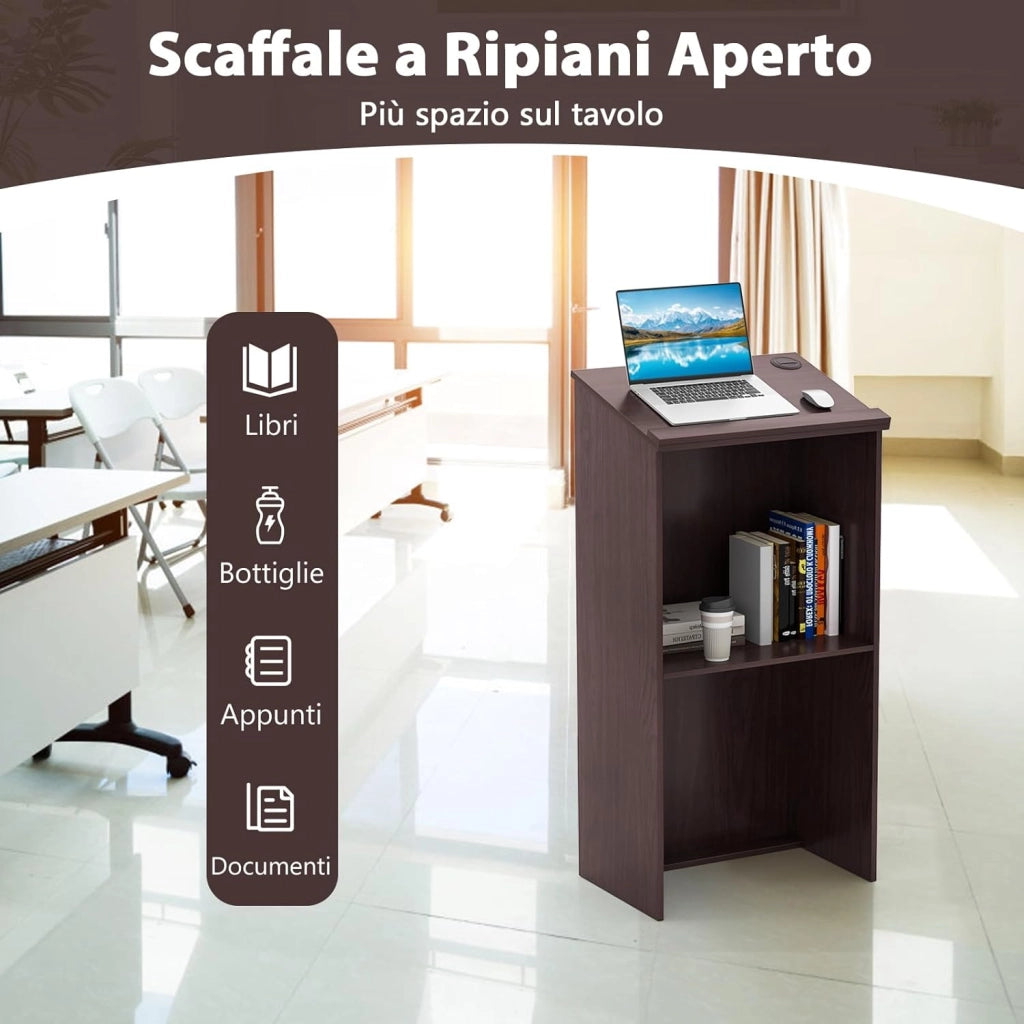 COSTWAY Leggio per Oratori, Podio per Conferenza con Ripiani e Fori per Cavi, Leggio da Pulpito in Legno per Aula, Ufficio, Ristorante e Seminario (Marrone)