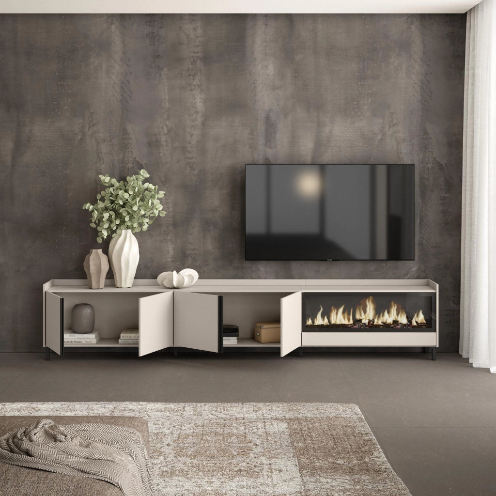 Mobile TV Soggiorno, 315x61x35 cm, Per TV fino a 80", Camino elettrico XXL, Design industriale, Beige