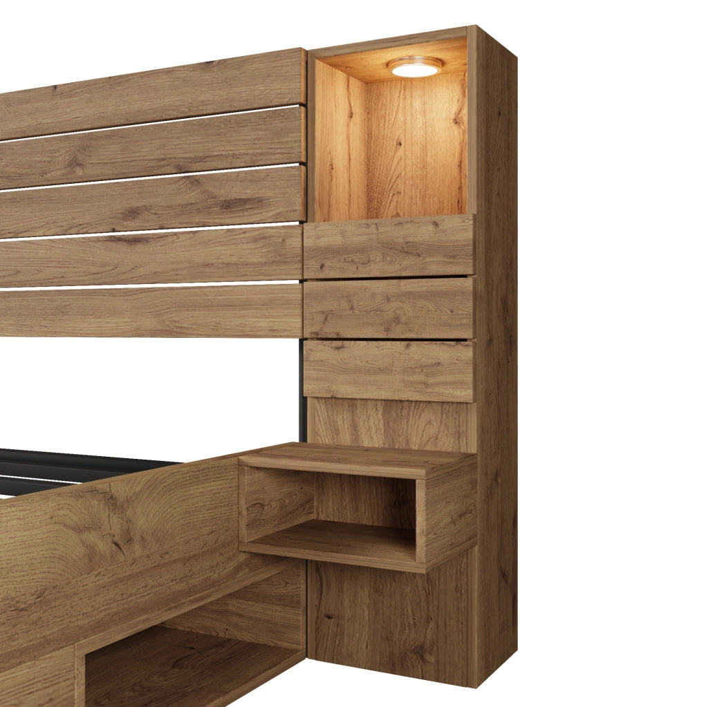 Letto matrimoniale 180x200 cm con LED; porte USB e Type-C; contenitore; effetto rovere