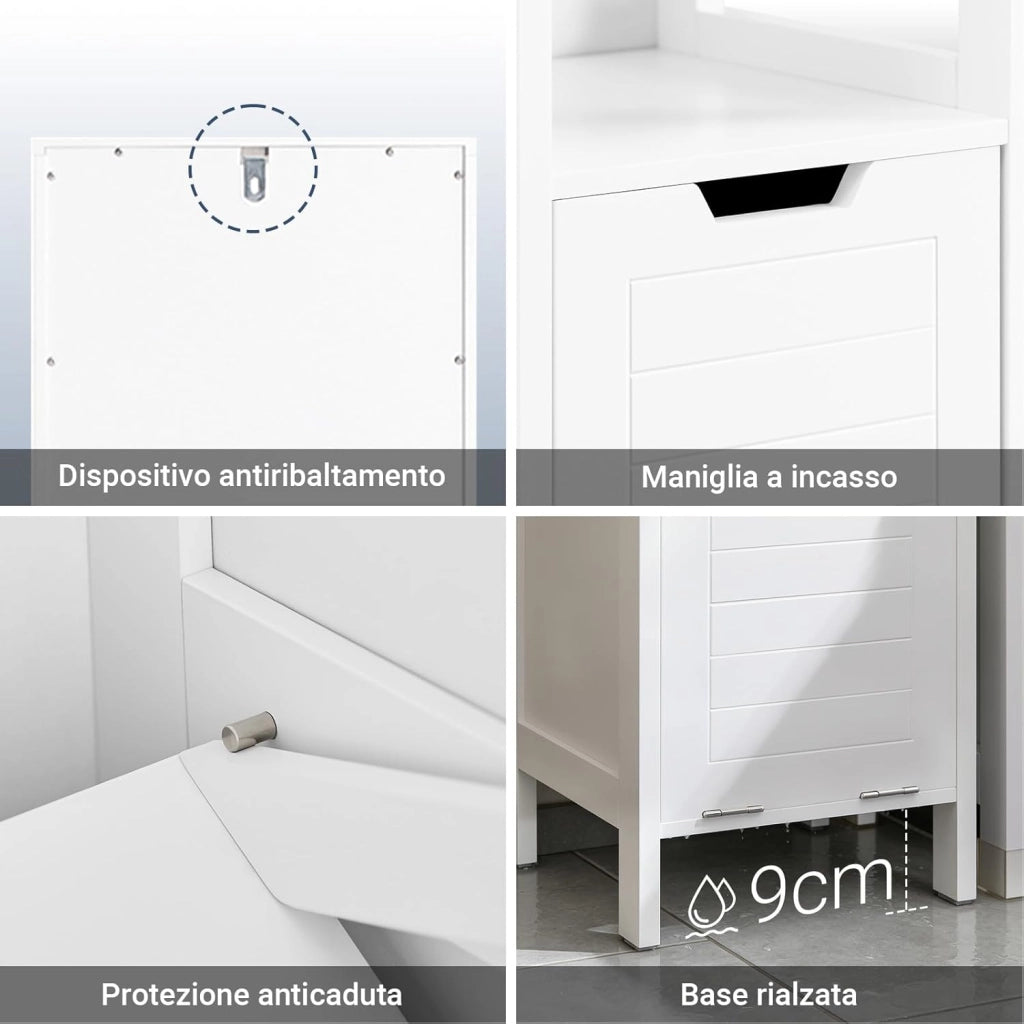 Mobile Bagno Salvaspazio con Portabiancheria Colonna Bagno 145cm con Ripiani Aperti e Cesto Estraibile Armadio Alto Bianco BZR123-W