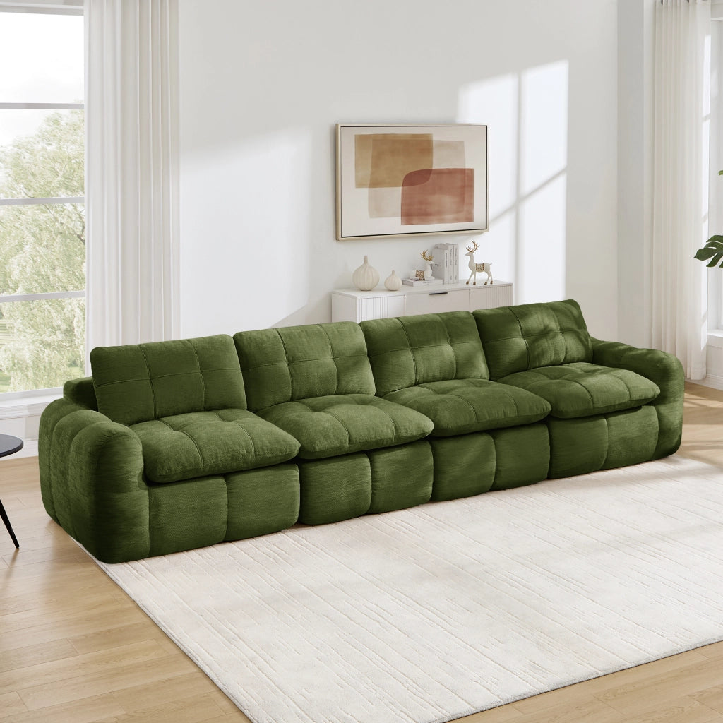 Divano modulare a 4 posti senza struttura con seduta ampia e profonda in ciniglia verde 334 × 97 × 68 cm