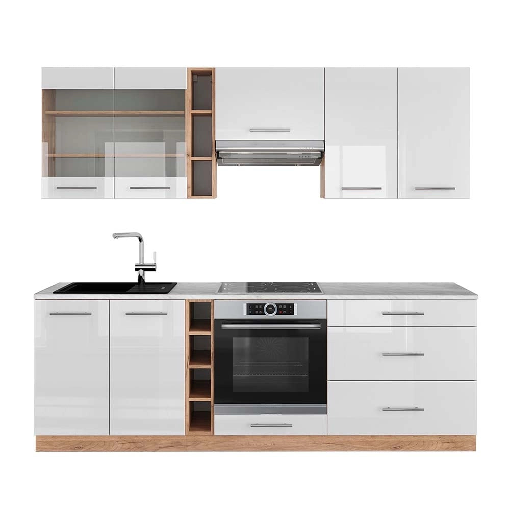 Cucina componibile Fame-Line Bianco lucido/Rovere dorato 235 cm, PL Marmo Vicco