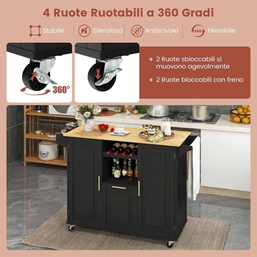 Carrello da Cucina, Isola Cucina con Piano Ribaltabile e 4 Ruote Girevoli, con Cassetto Profondo Portabottiglie Aperto e Porta Asciugamani, 130x74x90 cm (Nero)