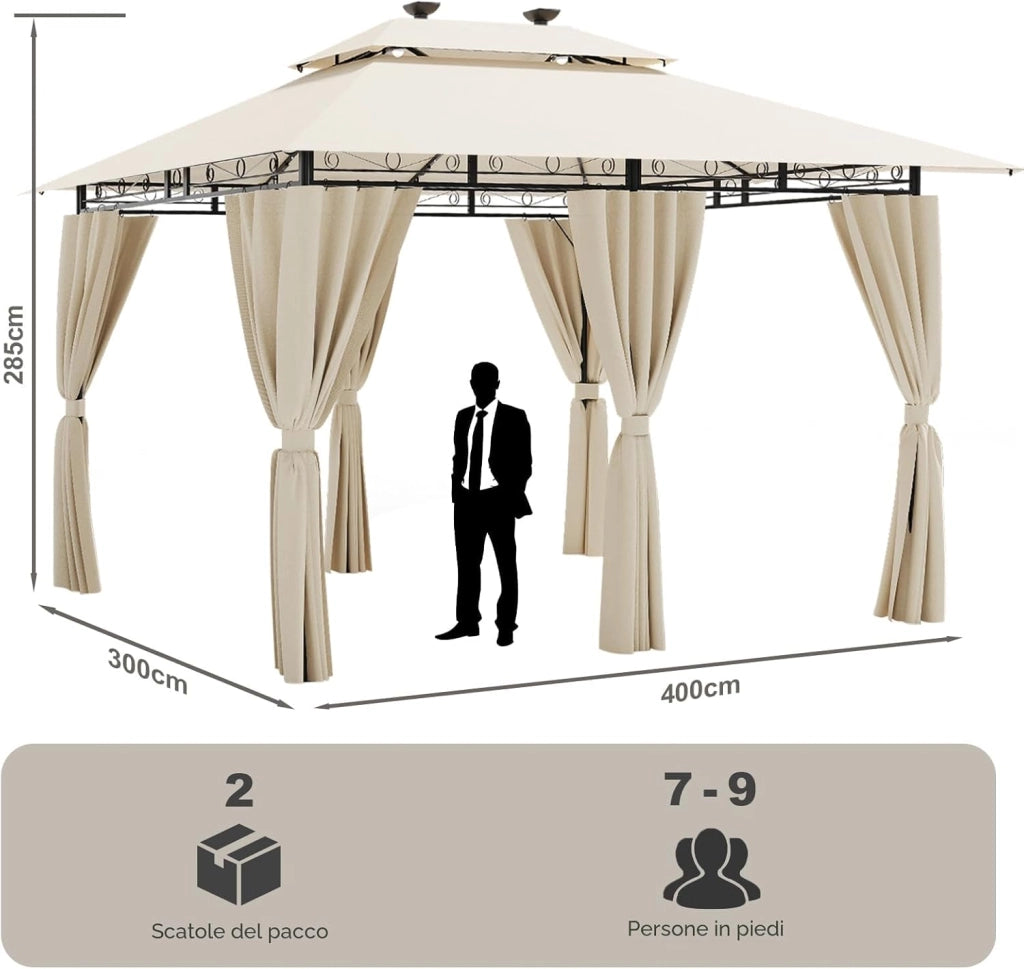 Gazebo Esterno Resistente 3x4m con Luce LED, Gazebo da Giardino Impermeabile Robusto per 6-8 Persone, Doppio Tetto Protezione UV50+, Tenda da Giardino per Famiglie Festival Eventi, Beige