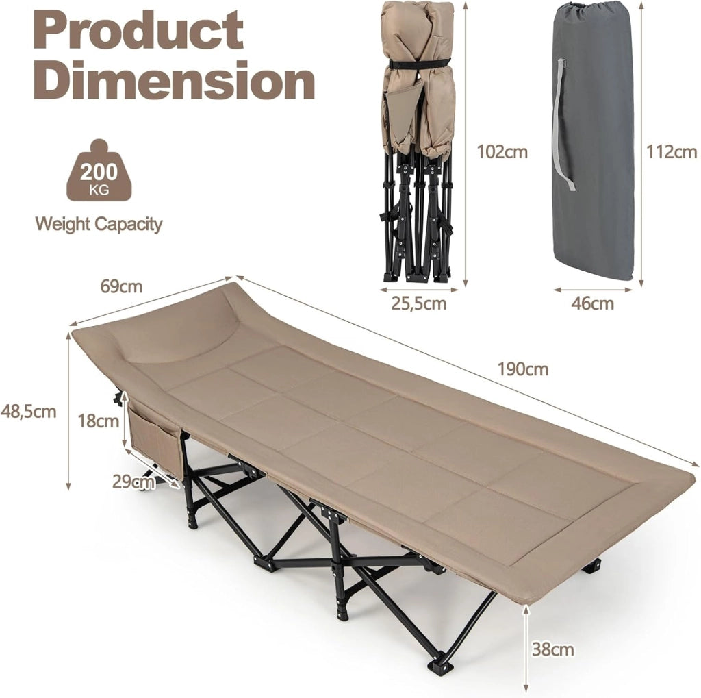 SOARS Lettino pieghevole da campeggio con cuscino integrato, letto pieghevole con tasca laterale e borsa per il trasporto, portata fino a 200 kg, per interni, esterni, 190 x 69 x 48,5 cm