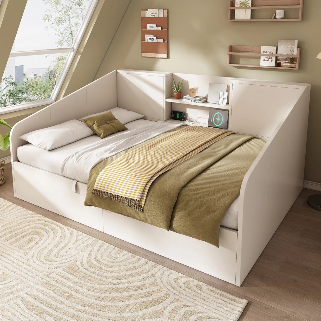 Letti contenitori 140x190 cm idraulico con vani portaoggetti e stazione di ricarica; legno; bianco (Senza materasso)