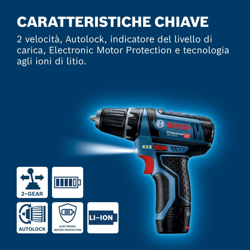 Bosch Professional GSR 12V-15 Trapano avvitatore a batteria 10.8 V (1 x 2Ah, 1 x 4Ah) + accessori
