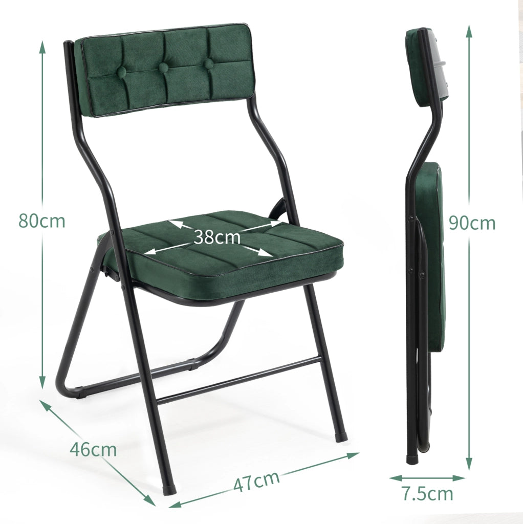 Set di 2 sedie pieghevoli imbottite; schienale curvo; in velluto e acciaio verde