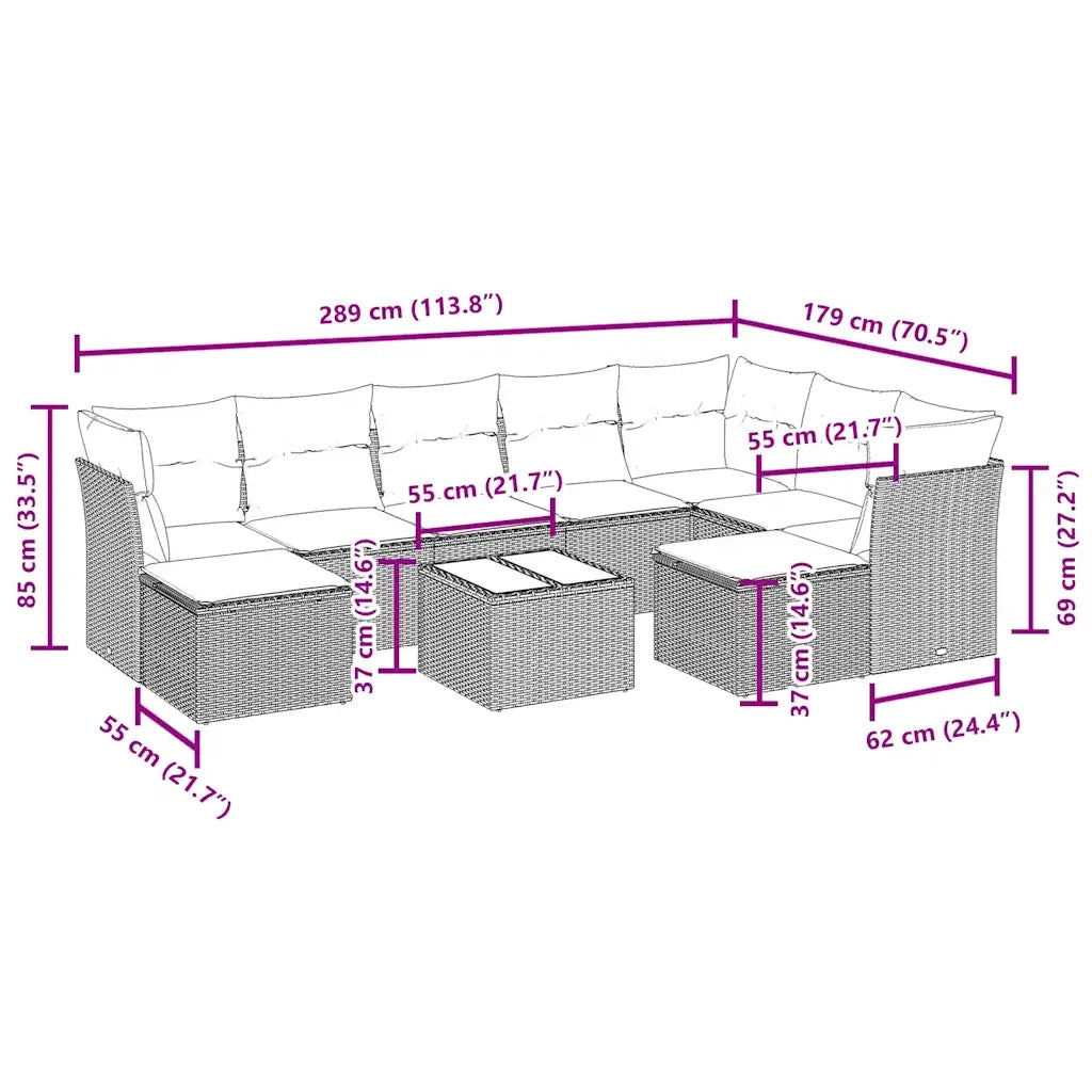 Set Divani da Giardino 10pz con Cuscini in Polyrattan Nero