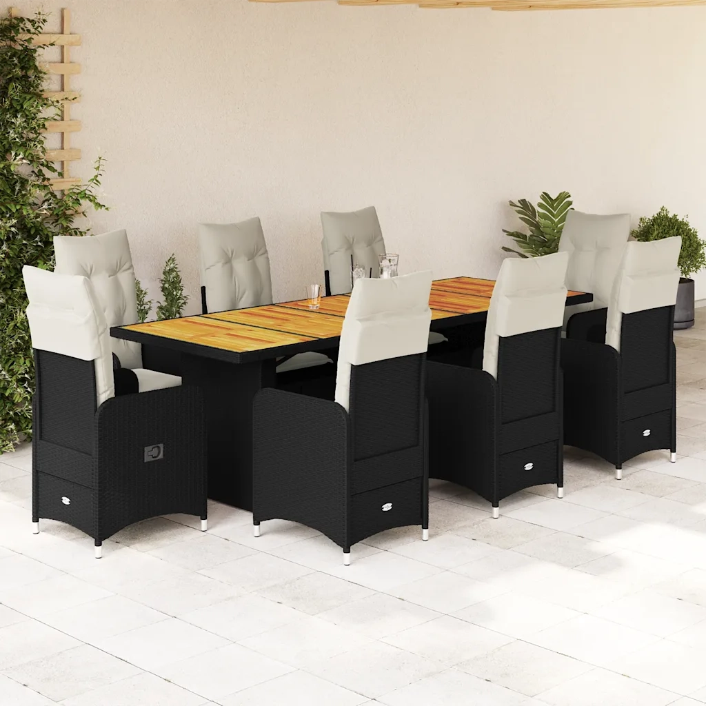 vidaXL Set Bistrò da Giardino 9 pz con Cuscini in Polyrattan Nero