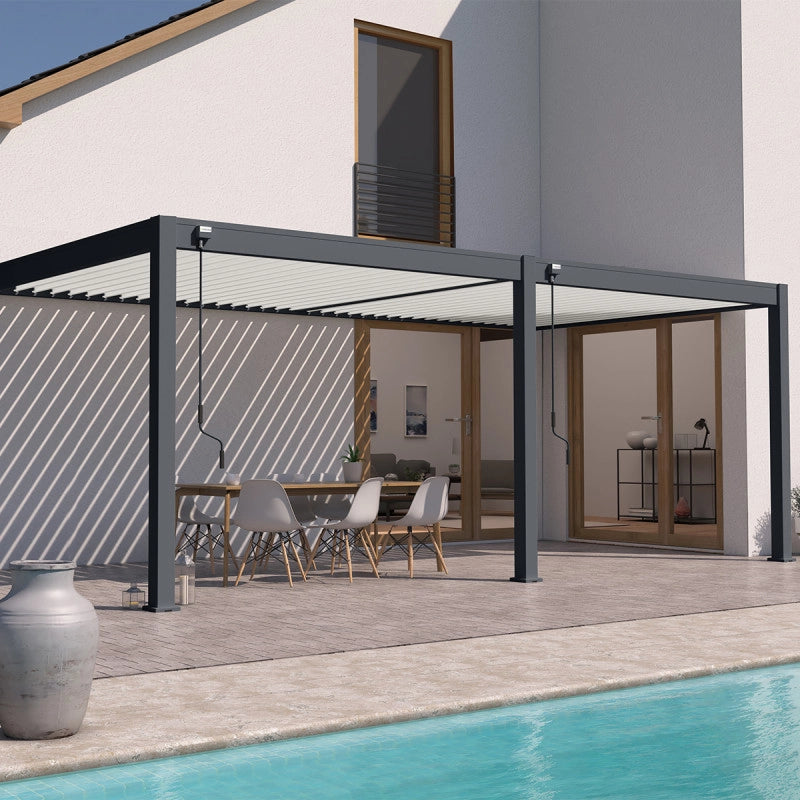 Pergola bioclimatica Ombréa addossata VS - 3x6M bicolore + 2 tende antracite