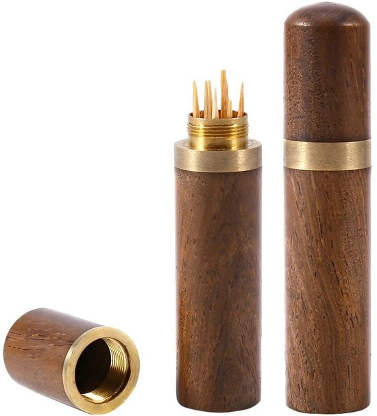 Dispensatore di interdenti elegante con contenitore in legno - Ospite per interdenti - Piccolo contenitore per pillole - Manufatto artigianale - Lavorazione del legno di alta qualità - Altezza 8,2 cm