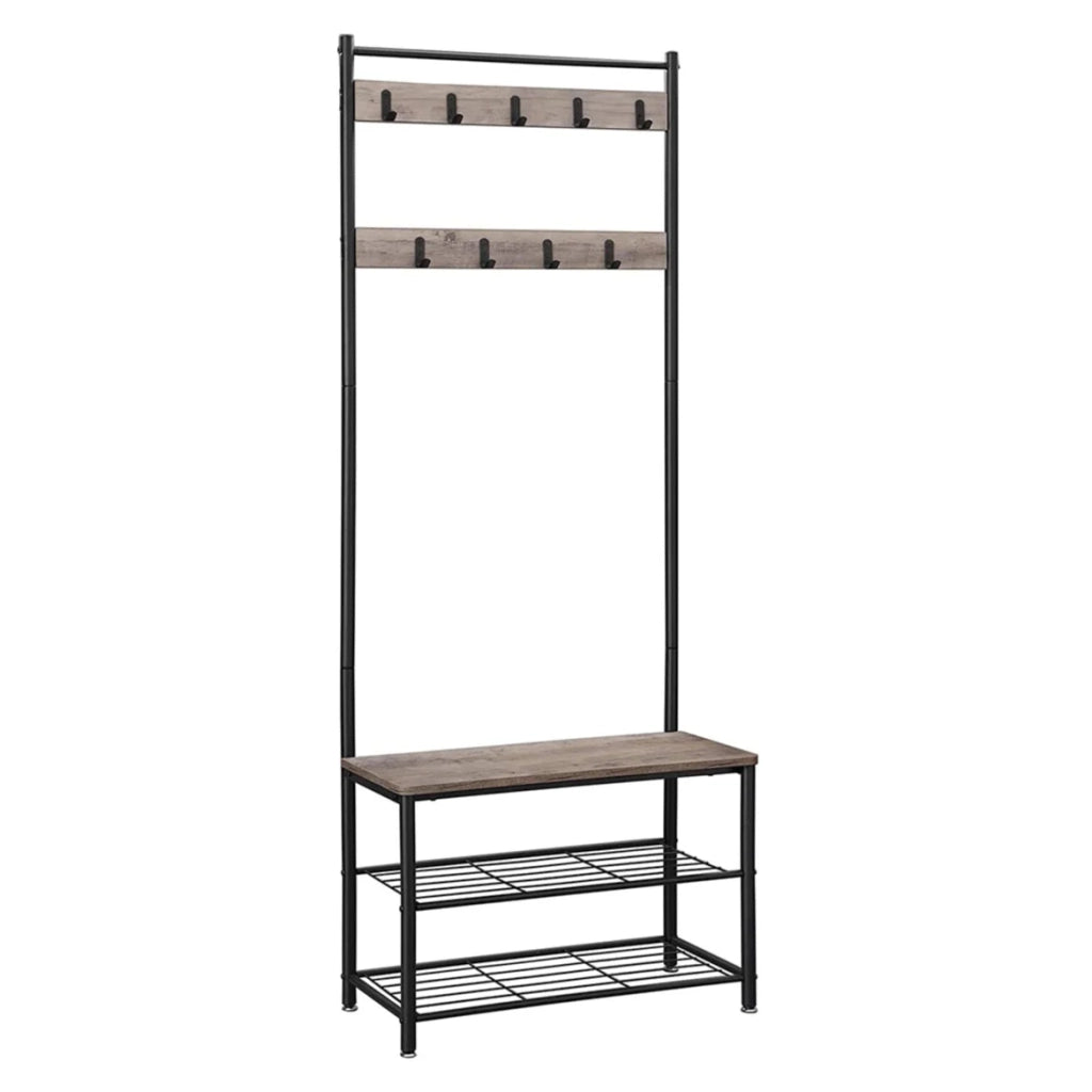 Appendiabiti guardaroba guardaroba ingresso con panca e ripiani porta scarpe ganci struttura in metallo altezza 175 cm stile industriale greige e nero 12_0002353