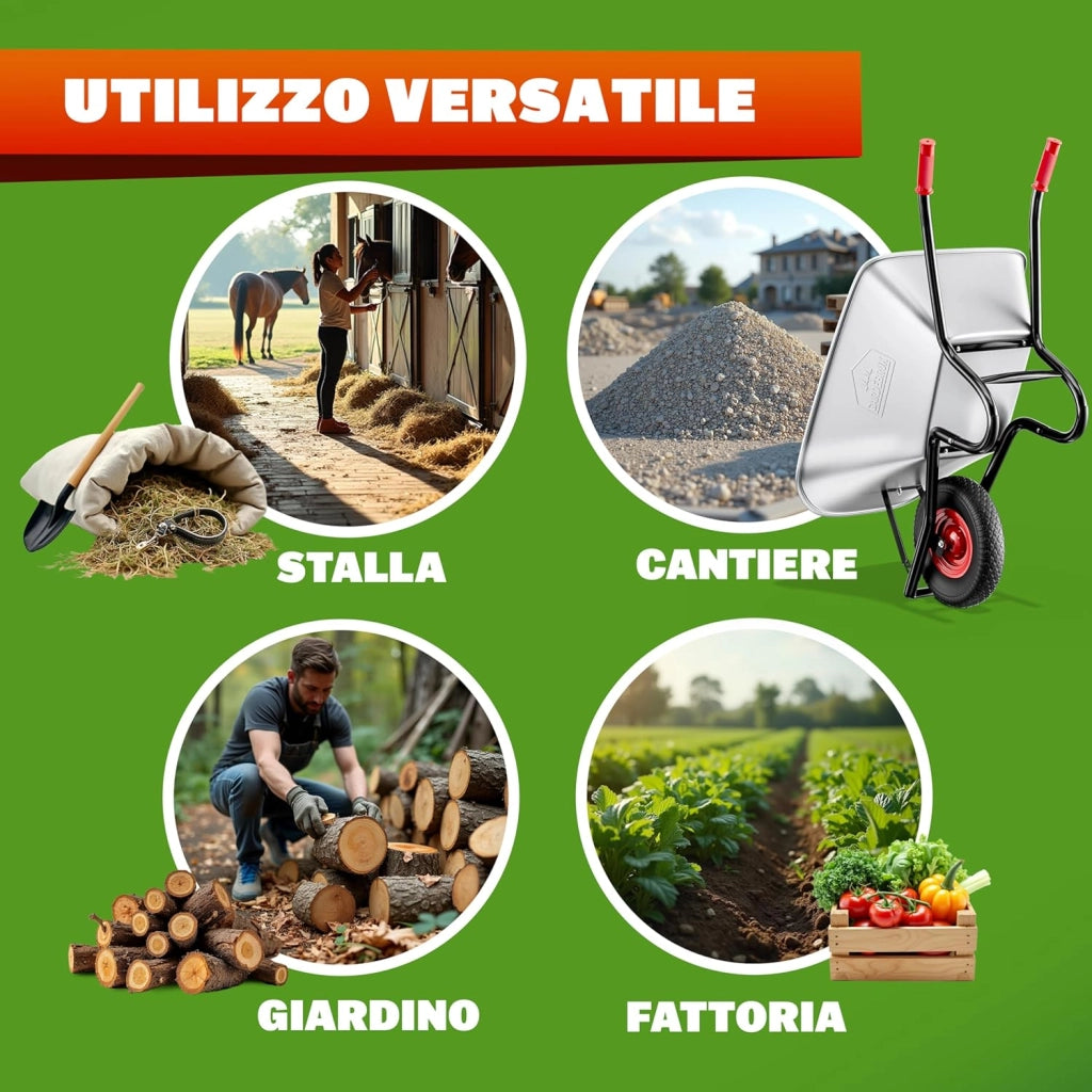 Carriola da Giardino 100 Litri 250kg Acciaio Zincato Manici Gommati Ergonomici Carriole per Fiori Carriola da Costruzione Trasporto Legna