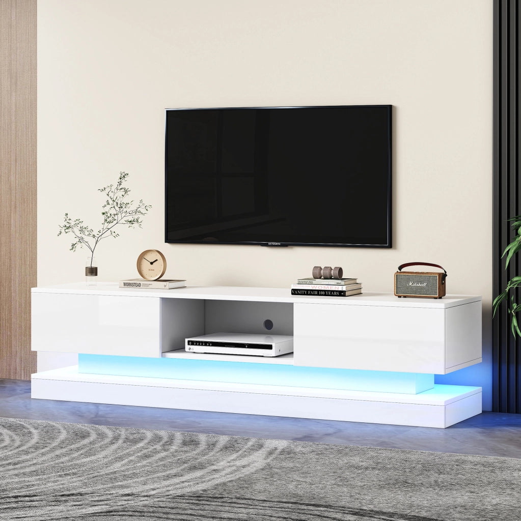 Mobile TV bianco lucido 160 cm con LED RGB, 2 cassetti e controllo app