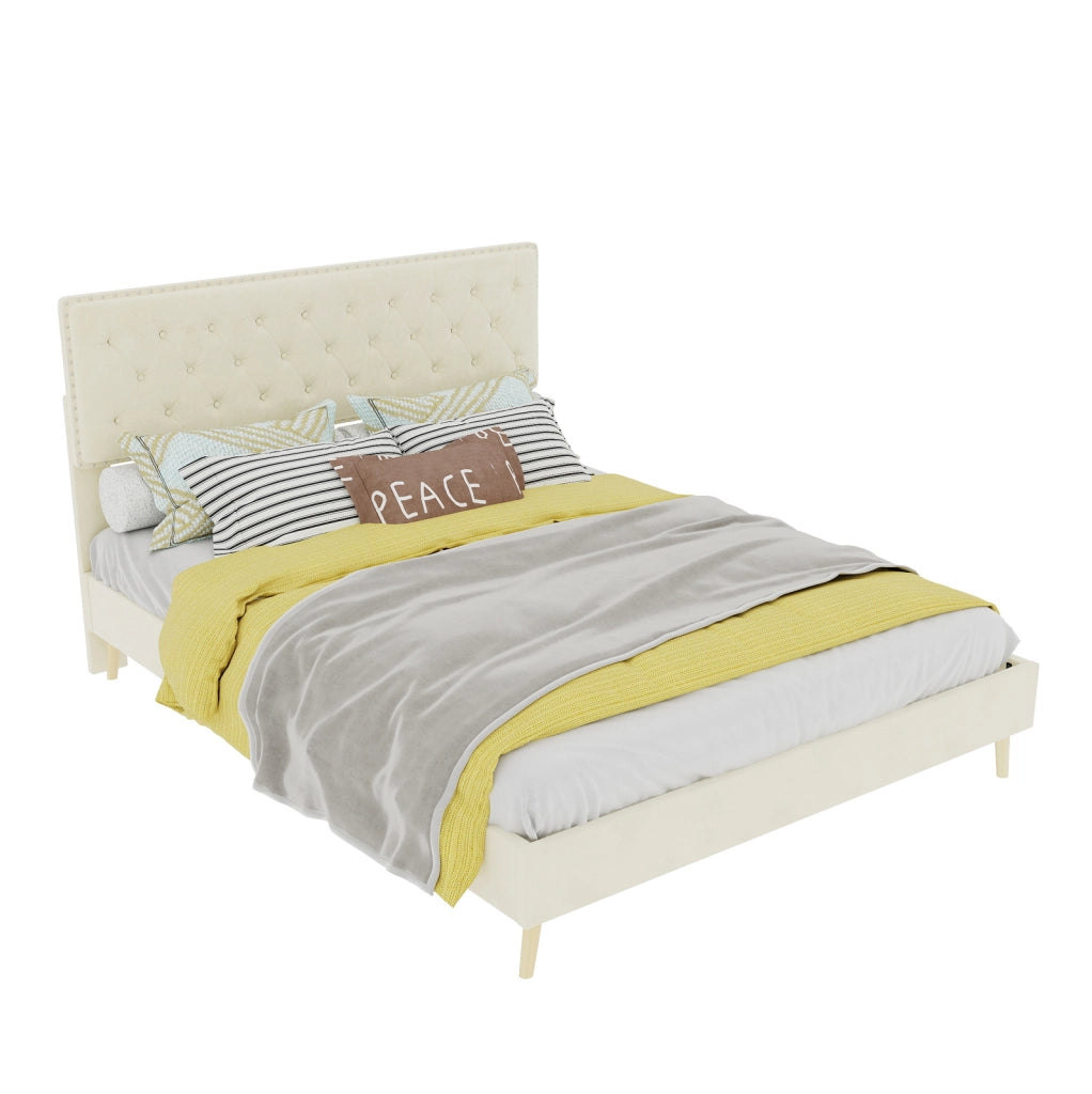 Letto 140x200 cm in velluto olandese beige con testiera alta e rete a doghe