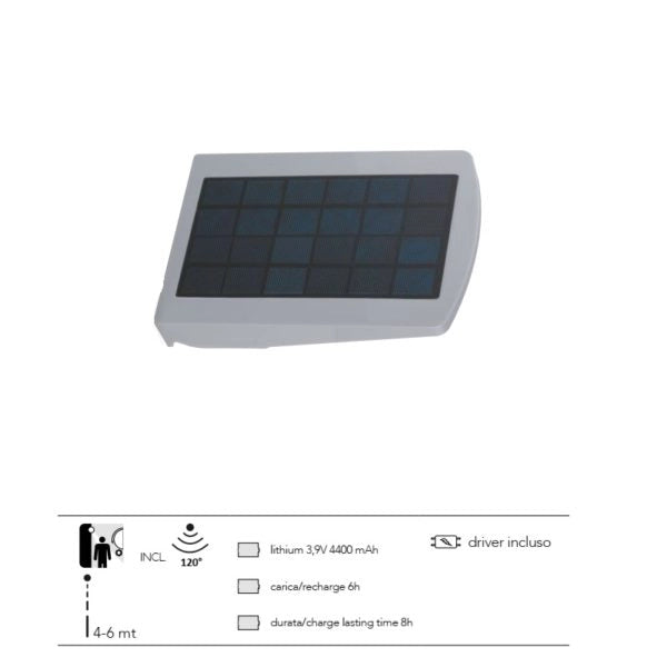 APPLIQUE LED EOS GRIGIA IN TERMOPLASTICA 4W 450LM 4000K IP66 CON PANNELLO SOLARE E SENSORE 24,1X16X4CM LED-EOS-SOLAR