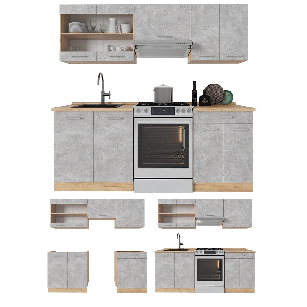Cucina componibile R-Line Calcestruzzo/Rovere dorato 200 cm senza piano di lavoro Vicco