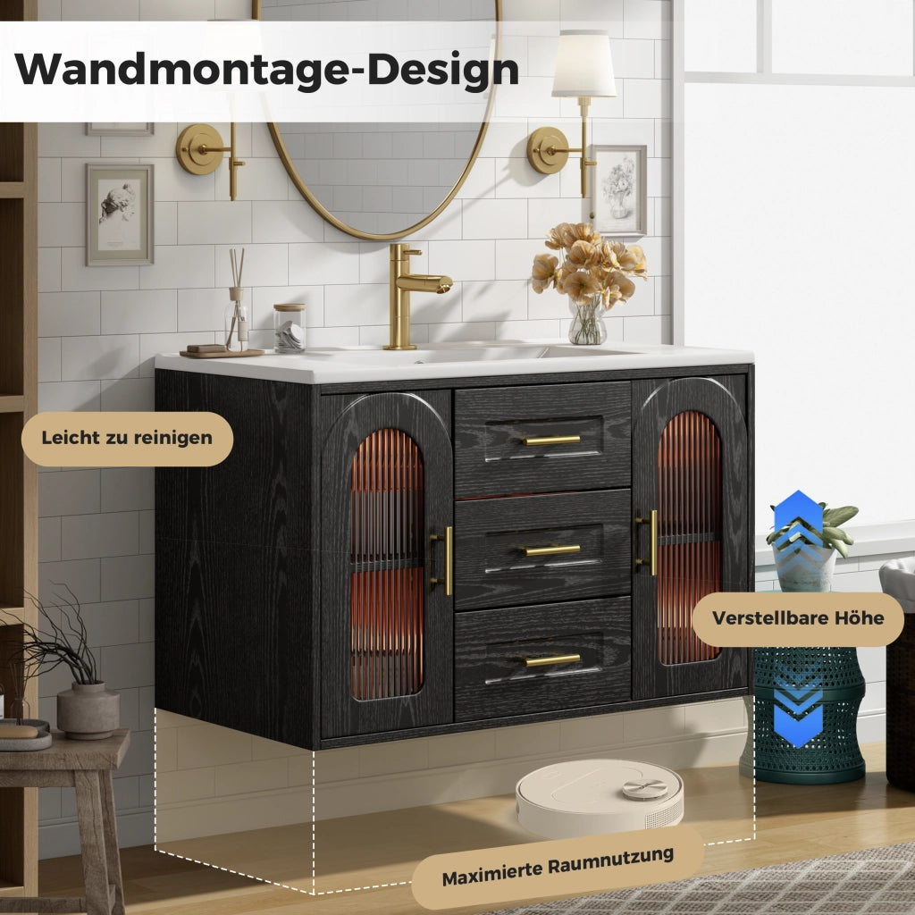 Mobile sottolavabo da bagno con LED, 2 cassetti e ripiani regolabili, anta in vetro rigato, nero, 76 × 46 × 55 cm